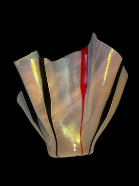 Iridescent Hand Blown Glass Art with Black & Red Stripes